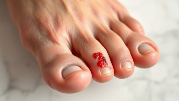Close-up of a foot with surprising lesions on toes.