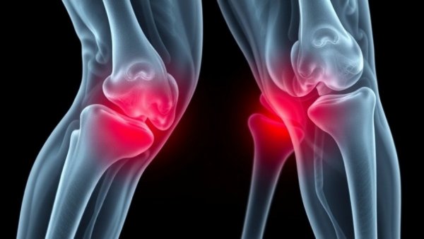 X-ray of knees highlighting osteoarthritis with red areas.