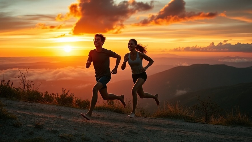 Dynamic silhouette of runners using toe spacers for bunions on a sunset trail.