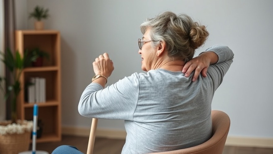 Middle-aged woman with foot pain months after sprain, clutching her back.