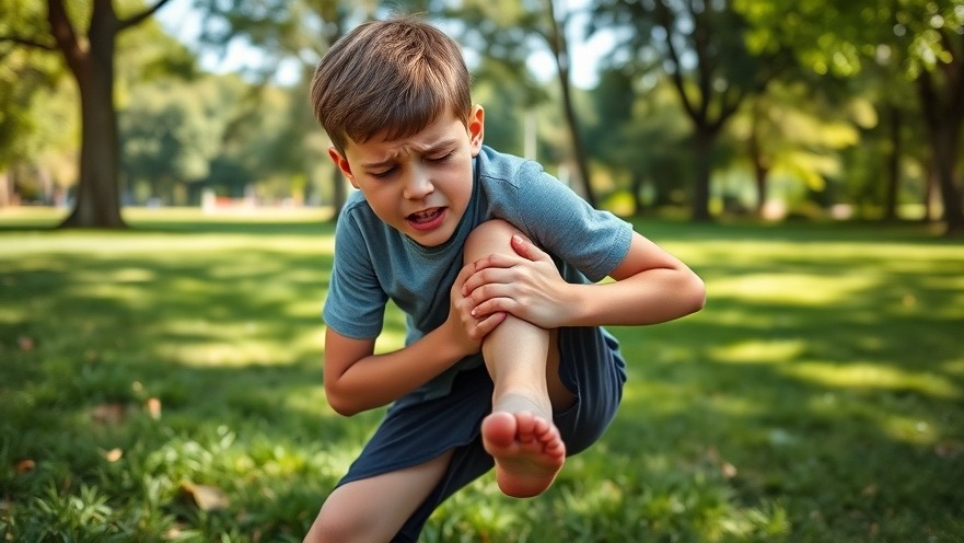 Boy in park grimaces from Sever's disease, depicting children's foot health issues.