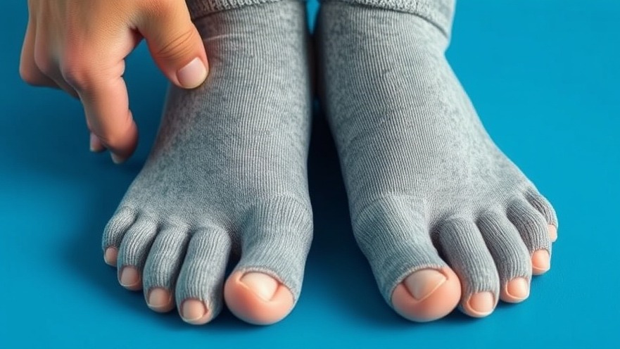 Close-up of hands adjusting grey socks with correct toes original silicone toe spreaders.
