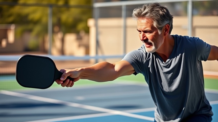 Pickleball player stretching for foot health, avoiding common injuries, dynamic court scene.