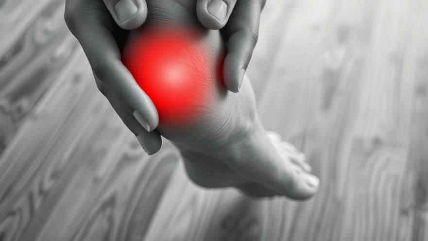 Photorealistic close-up of a foot with red arch pain, showcasing silicone toe spreaders.