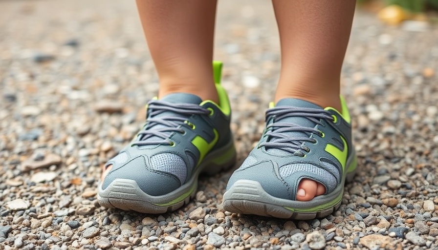 Child's feet in gray and neon hiking shoes outdoors.