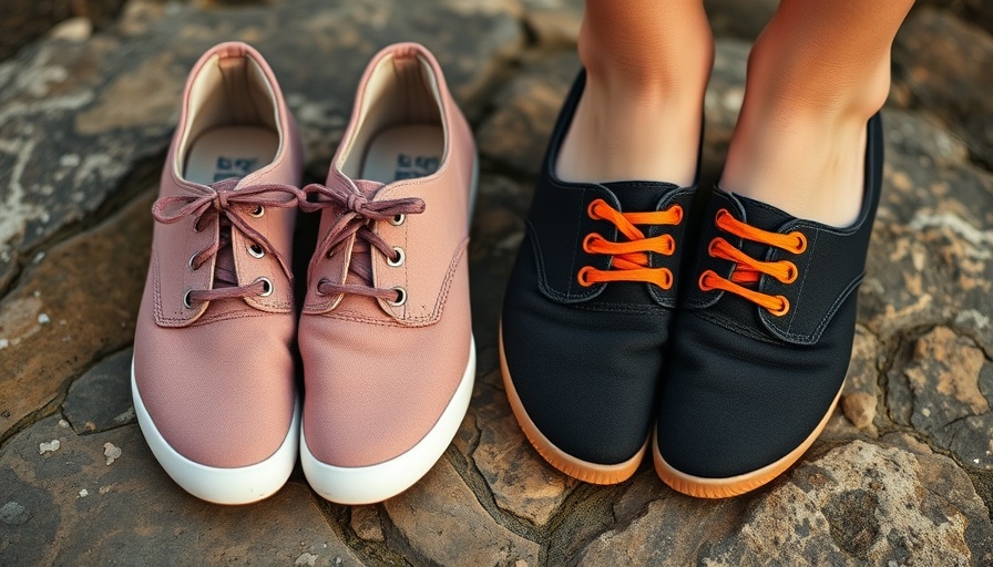 Vegan barefoot shoes on a stone surface, pink and black pairs.