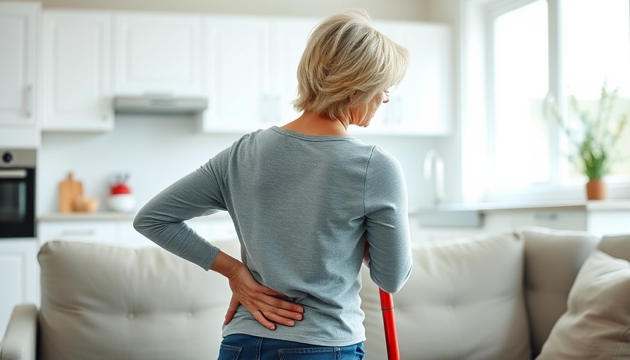 Middle-aged woman with back pain while cleaning in a kitchen, highlighting discomfort from possibly foot-related issues.