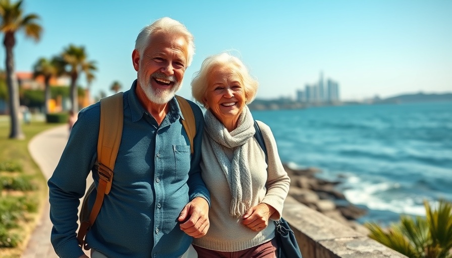 Walking faster live longer study: Joyful elderly couple walking along a coastal path holding water bottles.