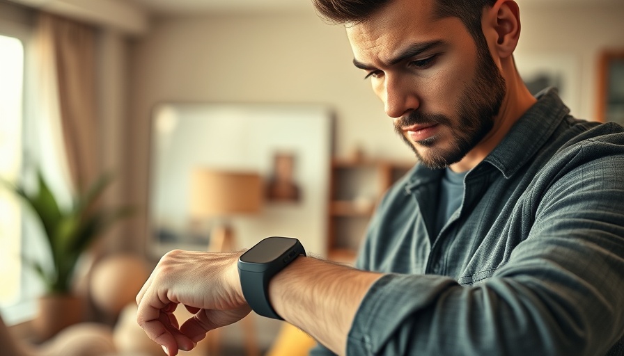 Concerned person checks fitness tracker data, indoor setting.