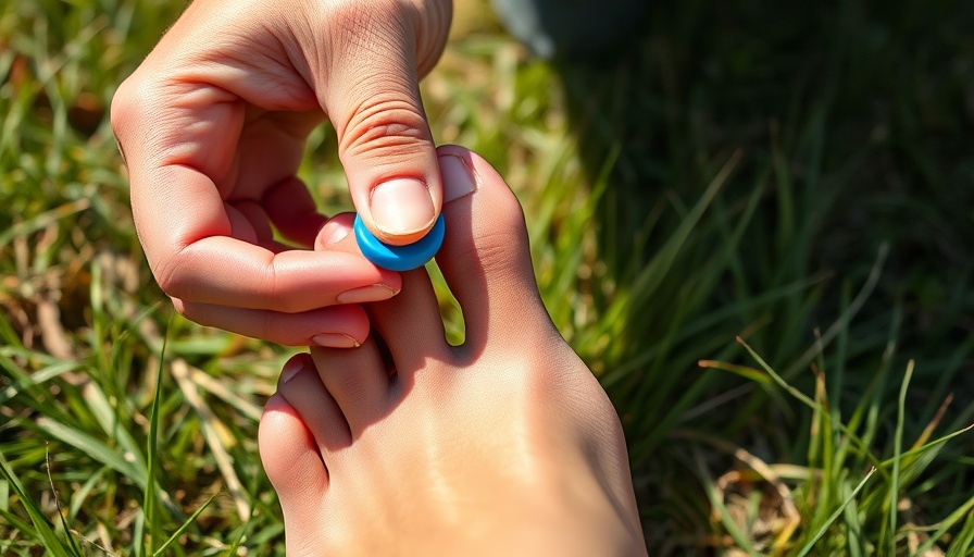 Hands applying blue toe spacers over socks on a bench.