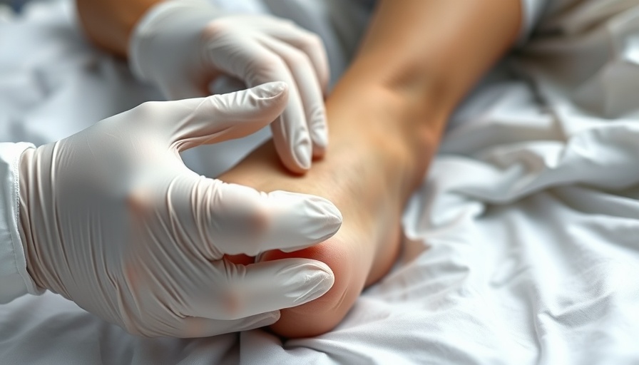 Healthcare professional examines diabetic foot closely.