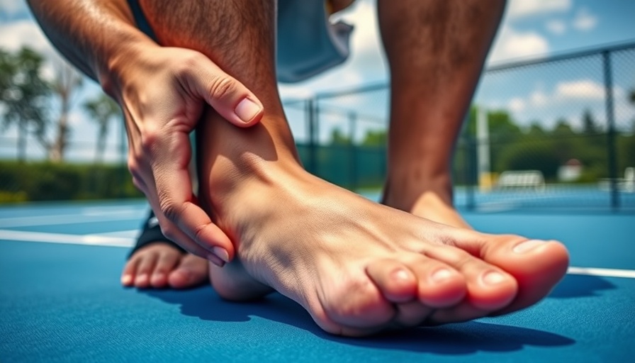 Pickleball player examining foot for plantar fibroma on court.
