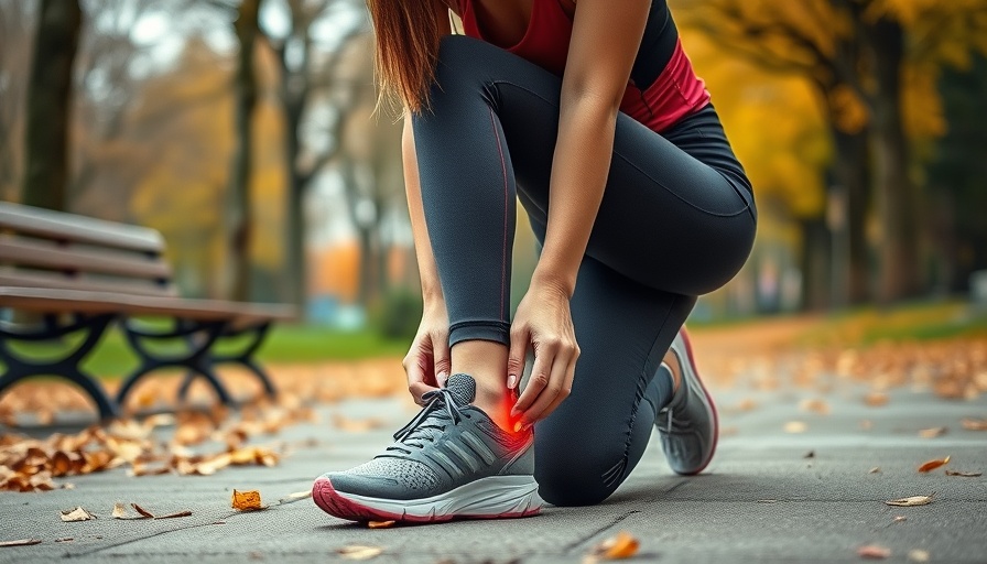 Woman in fitness gear adjusts shoe, addressing heel pain, in a park setting.