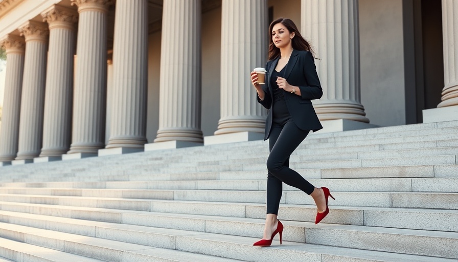 Businesswoman walking confidently, promoting support for heel pain plantar fasciitis.