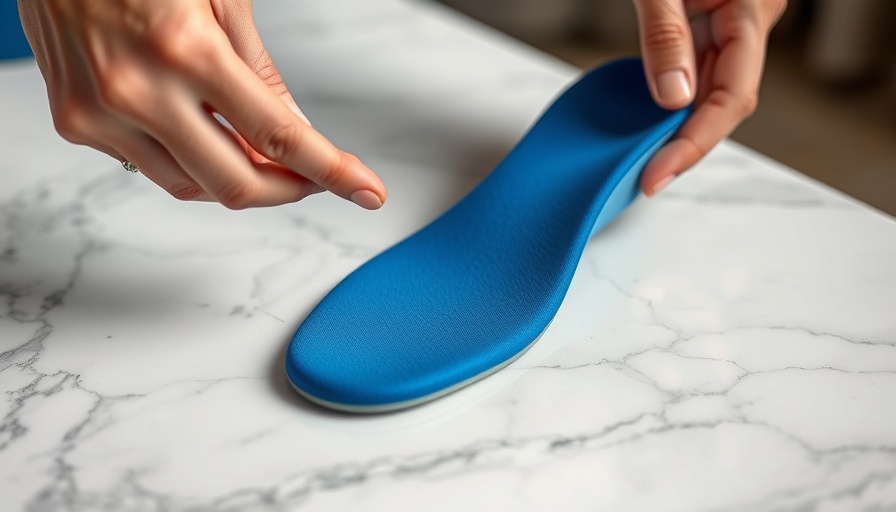 Durable blue insole being bent for plantar fasciitis support.