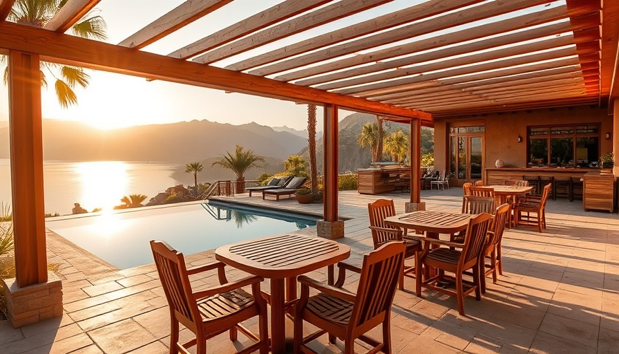 Peaceful retreat patio with mountain views and pool at sunset.