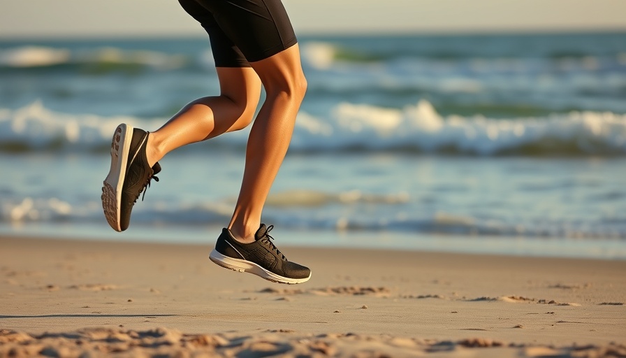 Runner using supportive insoles for heel pain on a beach.