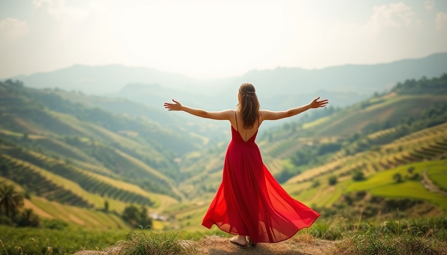 Woman overlooks terraced rice fields in lush green landscape.