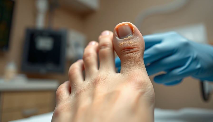 Close-up of big toe nail fungus during medical examination.