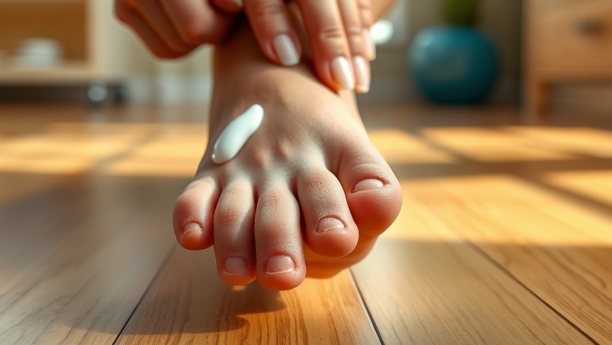 Close-up of foot receiving plantar fibroma treatment cream in a bright healthcare setting.