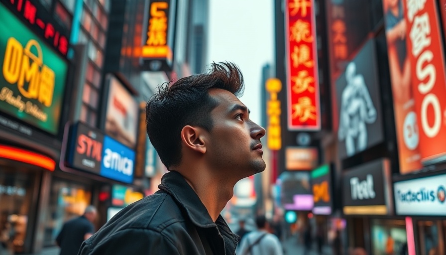 Man in futuristic city with neon signs and holograms, exploring human-AI relationships.