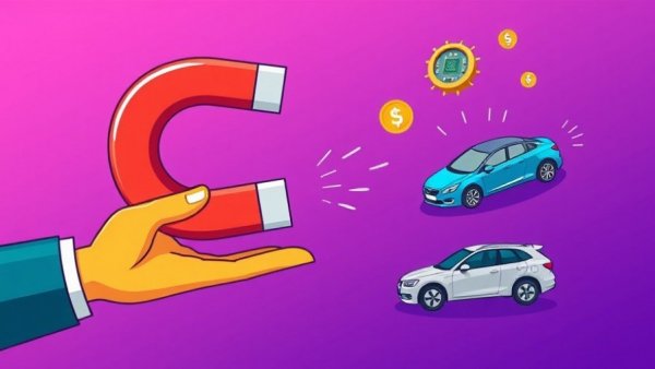 Illustration of investment strategies of tech giants in startups, with a magnet attracting a robot and tech elements.