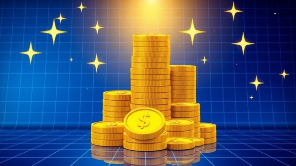 Illustration of stacked gold coins against a blue grid, AI spending and job market trends.