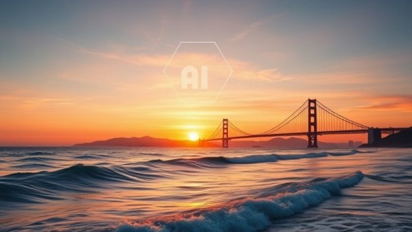 AI companies moving to suburbs depicted with a logo over scenic coastal sunset.
