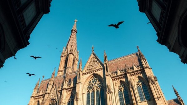 Majestic Gothic cathedral architecture under clear blue sky.