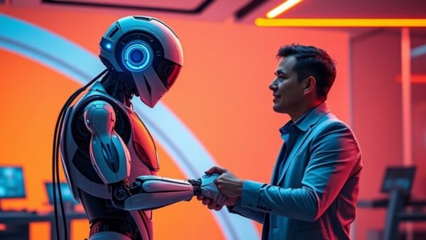 Futuristic AI-human interaction with handshake in executive recruitment.