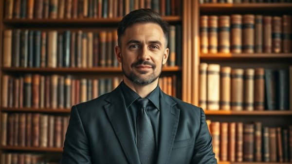Confident man in dark suit in front of a bookshelf, cybersecurity burnout solutions.
