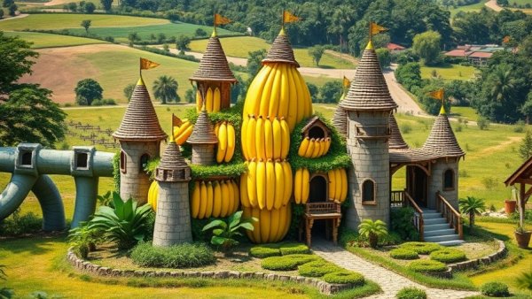Whimsical banana castle in a surreal landscape, AI tools for infographic creation.