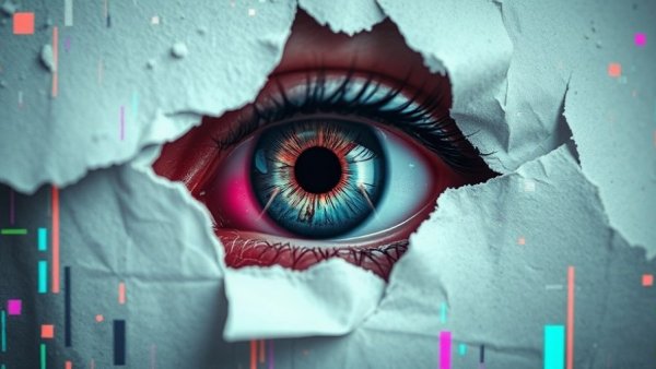 Surreal digital artwork of an eye in torn paper, symbolizing technology and transformation.