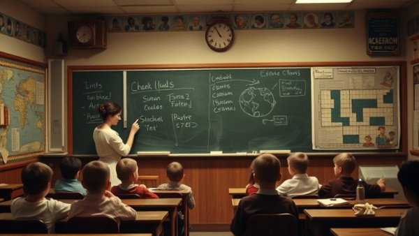 Vintage classroom scene with children and a teacher at a chalkboard embracing one chatbot per child education concept.