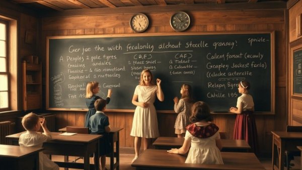Historic classroom with teacher and kids writing on chalkboard, one chatbot per child education.