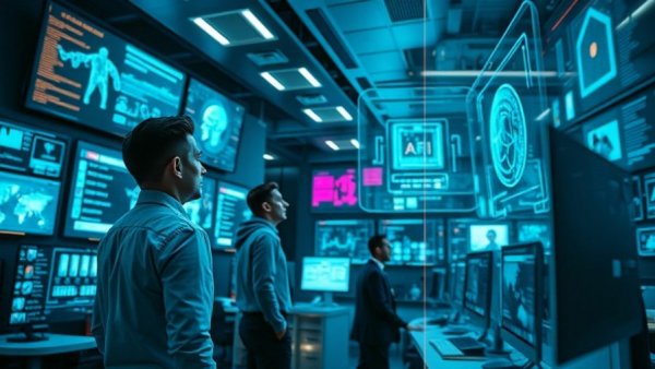 Futuristic office setting showcasing AI in business 2026 with holographic interfaces.