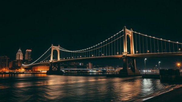 Illuminated bridge at night with reflections on river in a city.