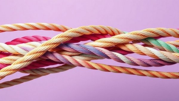 Interwoven multicolored ropes on a pastel purple background, AI energy management solutions.