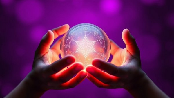 Mystical hands with crystal ball depicting tech symbols, digital art.