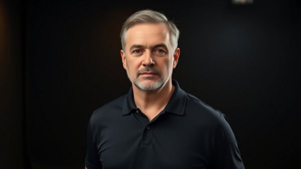 Confident man in a black polo shirt, studio setting.