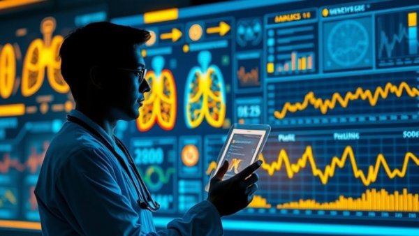 AI adoption in healthcare illustration with digital medical data.