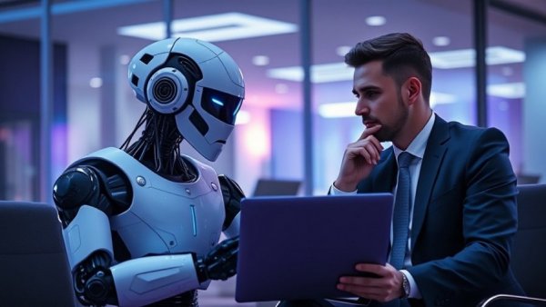 AI robot and businessperson discussing AI Seed Funding in an office.