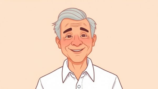 Cartoon of older man smiling with a background in muted colors.