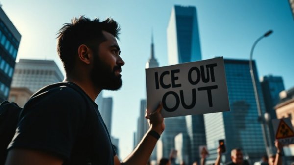 Protester with 'ICE OUT' sign against cityscape, Big Tech Silence on ICE Shootings.