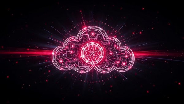 Striking digital cloud symbol with dynamic light beams for SaaSpocalypse