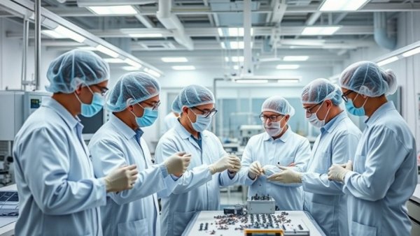 Technicians collaborating in clean room manufacturing for medical devices.