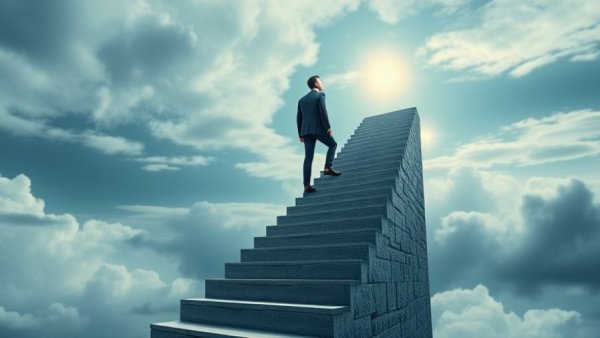 Businessman climbing stairs symbolizing progress and AI-driven business decisions.