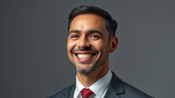 Man in formal attire smiling confidently, representing AI in Revenue Cycle Management.