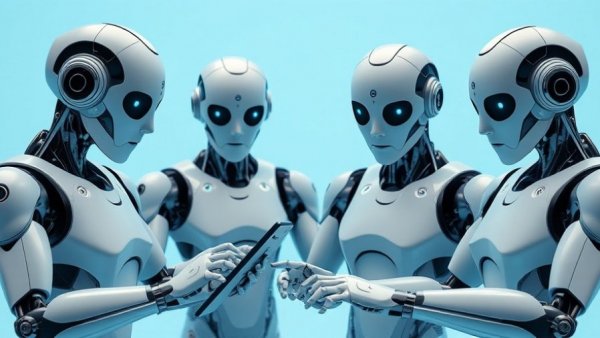 Sleek humanoid robots typing on devices, showcasing robot phones and AI technology.