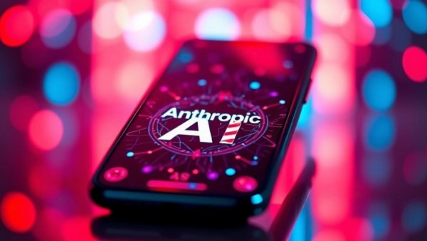 Futuristic smartphone showing 'Anthropic AI' with colorful bokeh.